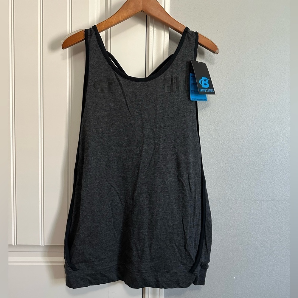 Bodybuilding.com Elite Series Tank Top Womens Large Gray Black Strappy Gym New